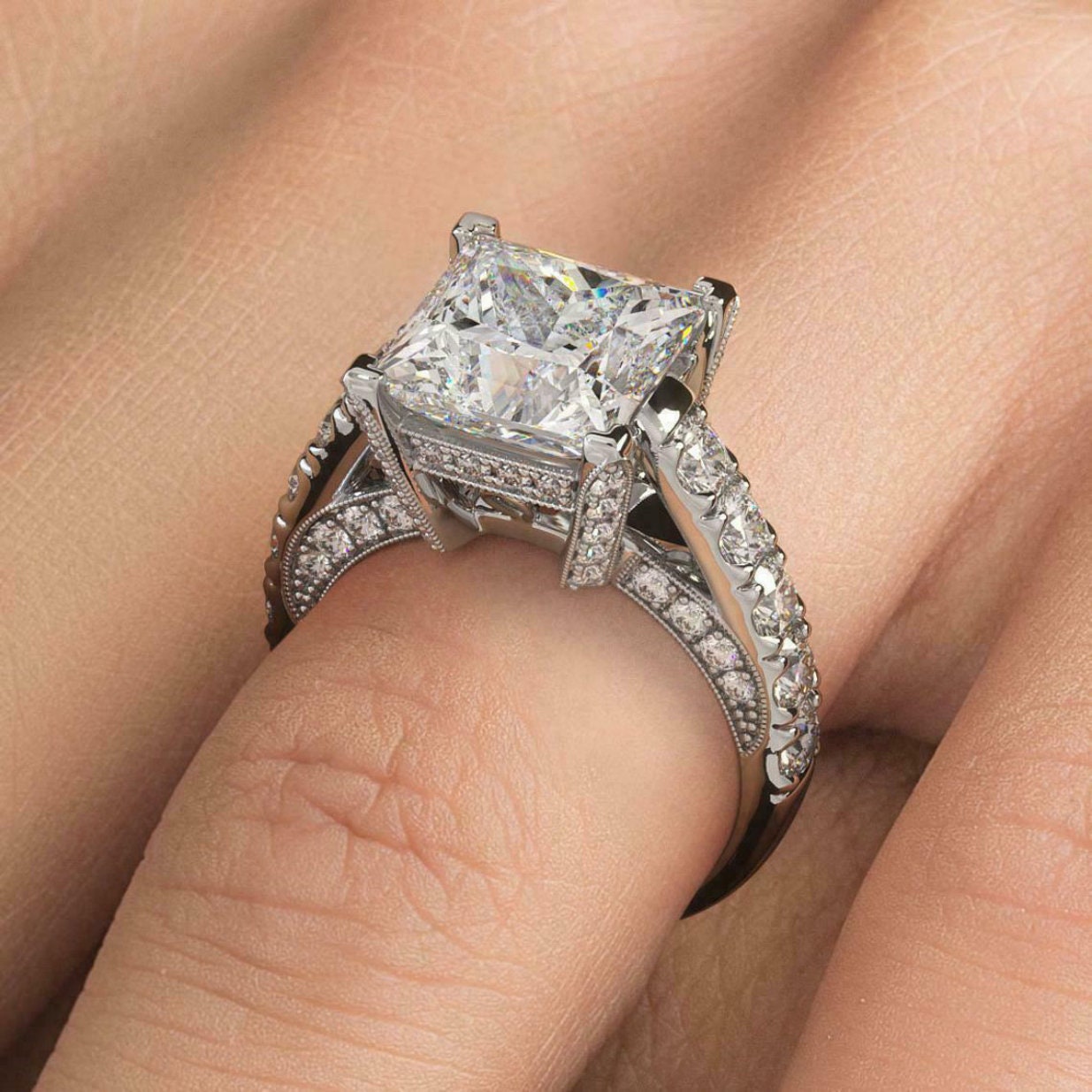 Moissanite Engagement Ring For Women - D Color VVS1 Princess Cut, 925 Sterling Silver Plated In 18K White Gold