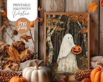 Vintage Ghost Halloween Poster, Whimsical Illustration (PNG Files)