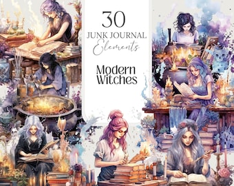 May include: A set of 30 digital illustrations featuring modern witches with magical elements, including books, candles, potions, and flowers. The illustrations are in a watercolor style and have a whimsical and enchanting feel. The text "30 Junk Journal Elements Modern Witches" is included in the image.