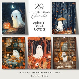 Automne automne mignon fantôme cartes postales imprimables png, papier peint fantaisiste, illustration, journal indésirable, scrapbook art mural étiquettes de cartes de voeux