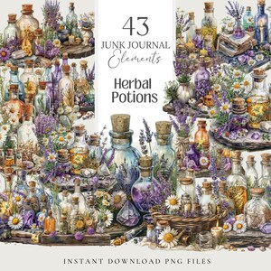May include: A digital illustration featuring a collection of glass bottles filled with herbal potions and flowers. The image includes text that reads "43 Junk Journal Elements Herbal Potions" and "Instant Download PNG Files."