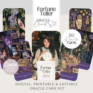 Wahrsagerin Orakel Karten, printable Deck, bearbeitbare Canva Vorlage, Tarot, Affirmation png Wicca, witchy Wahrsagung Karte, fertig zum Drucken