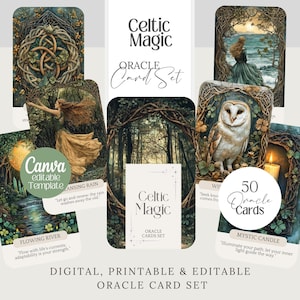 May include: A digital, printable, and editable Celtic Magic oracle card set featuring 50 cards with illustrations of nature, a barn owl, and figures in landscapes. The cards include titles like Flowing River and Mystic Candle with descriptive text.