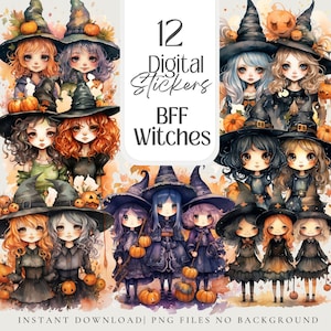 Best Friends Witches Clipart Witchy Planner Stickers Wallpaper for Digital Grimoire Stickers for Book of Shadows, Witch Junk Journal Kit