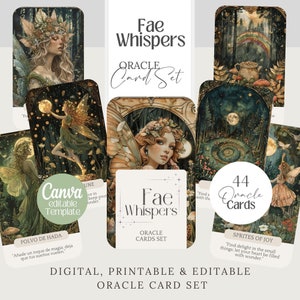 Fae Whispers Fairy Oracle cards, faery printable deck, editable template, Tarot, faeries affirmation png Wicca, witchy divination card set