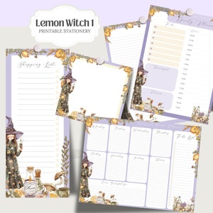 Puede incluir: Conjunto de papelería imprimible con un tema de bruja de limón. El conjunto incluye una agenda diaria, una agenda semanal y una lista de la compra. El diseño presenta una bruja con un sombrero y un vestido morados, limones y otros elementos de brujería.