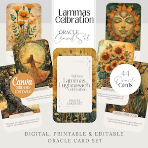 Cartas do Oráculo de Lammas Lughnasadh, baralho de bruxas para impressão, modelo editável, Tarô, afirmação de bruxa png Wicca, conjunto de cartas de adivinhação wicca,