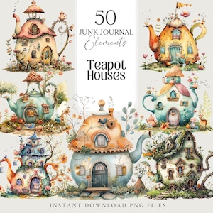 Teapot Houses Clipart: Witchy Junk Journal PNG Elements (Digital Download)
