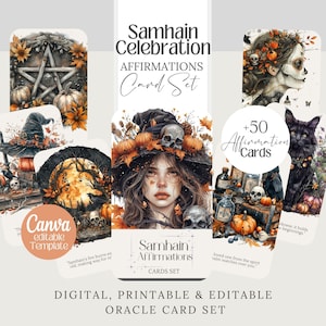 Samhain-bevestigingskaart halloween heksen afdrukbaar kaartspel bewerkbare sjabloon Tarot heks orakel dek heidens png Wicca waarzeggerij orakelkaart
