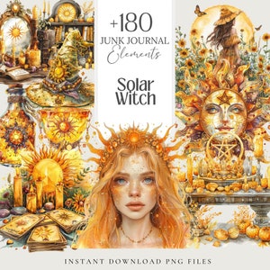 Planificador de imágenes prediseñadas de brujas de verano solar, pegatinas de brujas, fondo de pantalla para grimorio digital para el libro de las sombras, kit de diario basura de brujas