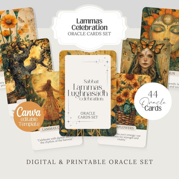 Lammas Lughnasadh Oracle cards, witchy printable deck, editable template, Tarot, witch affirmation png Wicca, wicca divination card set,