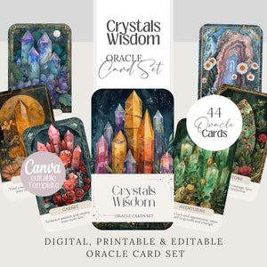 Carte Oracolo Botanico Crystal Wisdom, mazzo stampabile, modello modificabile, Tarocchi, affermazione Reiki png Wicca, set di carte di divinazione stregata