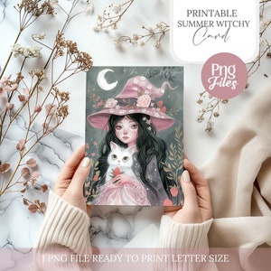 Linda tarjeta imprimible de bruja, postal png, ilustración caprichosa, diario basura de brujas, grimorio digital, tarjeta de felicitación, fondo de pantalla, invitación
