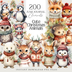 Christmas Animals Watercolor Clipart Bundle - 200 PNG Festive Animal Holiday Images with Santa Hats, Instant Digital Download,Commercial Use
