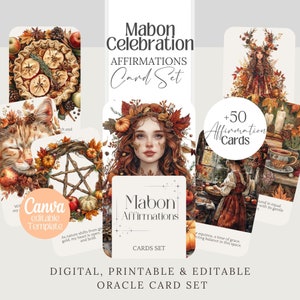 Tarjetas de afirmación de Mabon, baraja imprimible de brujas, plantilla editable, Tarot, afirmación de brujas png Wicca, conjunto de cartas de oráculo de adivinación wicca