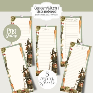 Puede incluir: Cinco hojas de bloc de notas imprimibles con una bruja con una cesta de verduras, rodeada de zanahorias, cebollas y otros elementos de jardín. El texto "Garden Witch 1 Lists notepad" está en la parte superior de la imagen. El texto "Shopping List", "To Do List" y "Notes" está en las hojas individuales.