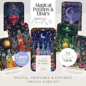 Pociones y Elixires Cartas de Oráculo, mazo imprimible, plantilla editable, Tarot, afirmación png Wicca, conjunto de cartas de adivinación bruja