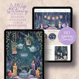 Kit di branding fai da te estetico Magic Witchy, pacchetto png di marca, business, social media, copertine, banner, cartoline, planner digitale stazionario