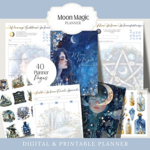 Puede incluir: Un planificador digital imprimible con un tema de magia lunar. El planificador presenta una ilustración de acuarela de una mujer con cabello largo azul, una luna creciente y estrellas. El planificador incluye páginas para rastrear las fases lunares, llevar un diario y manifestar. El planificador también incluye una extensión de cartas de luna llena.