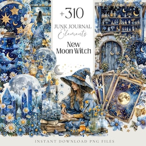 Moon Witch png Digital Grimoire Paper Witchy Wallpaper Planer Set für Buch der Schatten, Junk Journal Cliparts magisch Briefpapier, printable