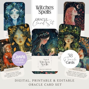 Feitiços de bruxas cartas Oracle, baralho para impressão de bruxa, modelo editável, Tarô, afirmação de bruxa png Wicca, conjunto de cartas de adivinhação pagã wicca,