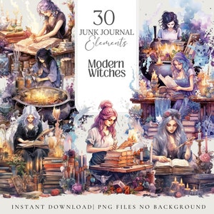 Modern Witch Clipart Witchy Planner Stickers Wallpaper for Digital Grimoire Stickers for Book of Shadows, Witch Junk Journal Kit