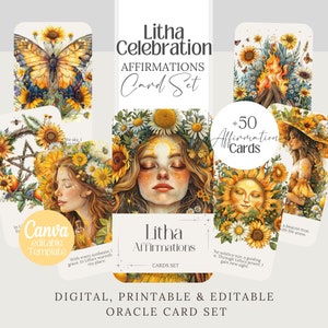 Litha-bevestigingskaarten, png-afdrukbaar png-heksenspel, bewerkbare sjabloon, tarot, wicca, orakelkaartenset png