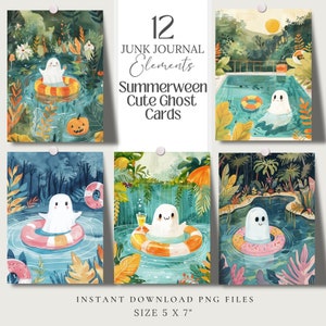 Summerween cute Ghost Printable Cards postcards png, Whimsical wallpaper, Illustration, junk journal, scrapbook Wall art, greeting card tags