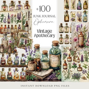 May include: A digital collage featuring vintage apothecary elements. The image showcases numerous glass bottles with cork stoppers, filled with herbs and flowers. Text includes "+100 Junk Journal Ephemera Vintage Apothecary" and "Instant Download PNG Files".