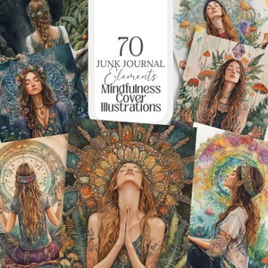 Zen-yoga-meditatiekunstbundel | Spirituele wellness 70 png voor holistische gezondheid, heksenplanners, boek der schaduwen, illustraties ongewenste dagboeken