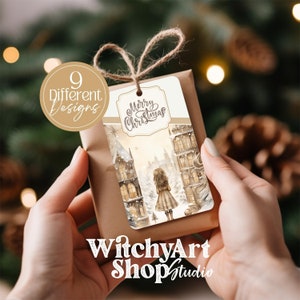 Neutrale kerstcadeaukaartjes Goud en wit met aanpasbare tekstsjabloon, afdrukbaar, feesttaslabel, wintercadeaukaartjes, aquarel