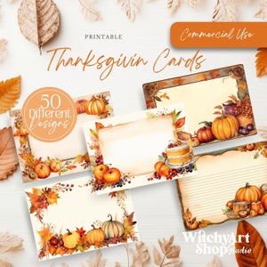 May include: Printable Thanksgiving cards with 50 different designs. The cards feature watercolour illustrations of pumpkins, gourds, autumn leaves, and fruit. The cards have a vintage style with a cream background and are for commercial use.