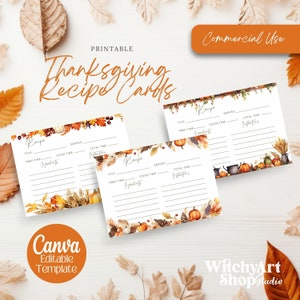 Cartes de recettes modifiables pour le dîner de Thanksgiving | Modèle d'automne de cuisine imprimable, confortable, livre de recettes numérique, carte vierge à télécharger lunatique