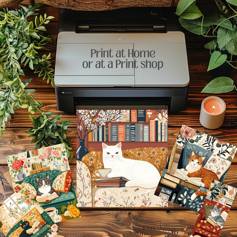 Cats and Books Cottagecore Clipart featuring 40 PNG files sized 5x7”. Includes cozy, romantic designs for junk journaling, scrapbooking, planners, and wall art. High-resolution files with commercial use license for digital and print projects.