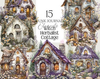 Witch Herbalist Cottage Clipart: Mystical PNG Stickers (Digital Download)