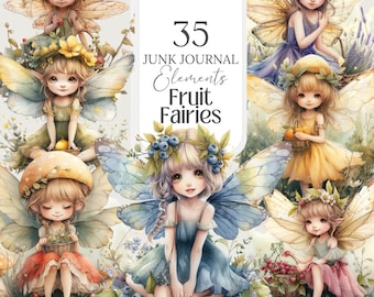 Fruit Fairies Clipart: Whimsical Junk Journal Stickers (Digital Download, Commercial Use)