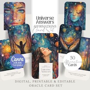 Tarjetas de afirmación de respuestas del universo, manifestación celestial, bruja espiritual, tarot editable, oráculo caprichoso, adivinación de brujas, estrellas, tarjetas PNG