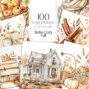 Collection of over 100 boho, cozy, neutral color fall/autumn watercolor PNG images with transparent backgrounds. Ideal for creating stickers, planners, scrapbooks, junk journals, ephemera, sublimation crafts, and various DIY projects
