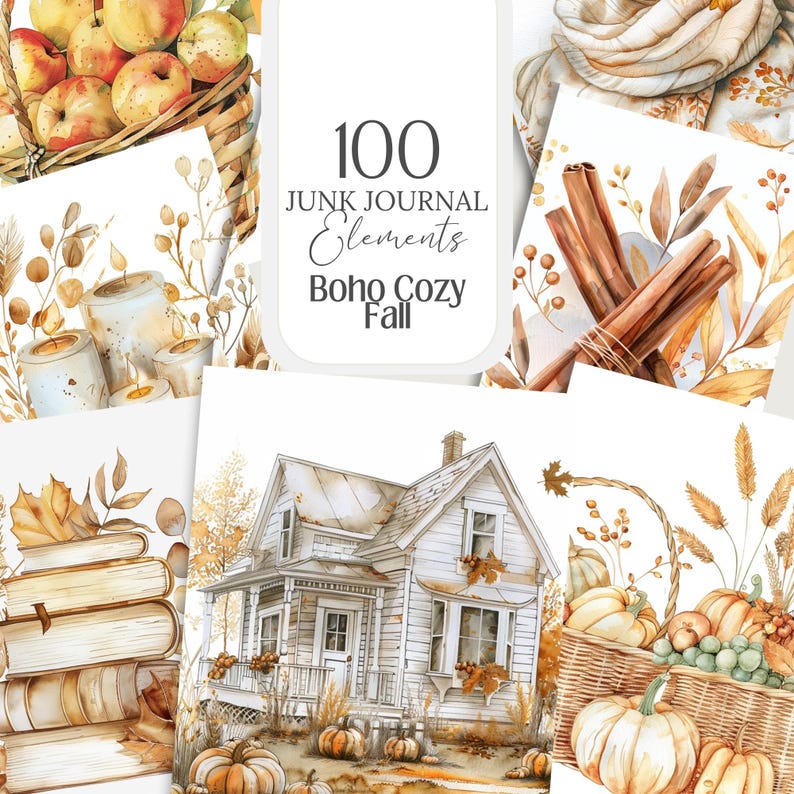 Collection of over 100 boho, cozy, neutral color fall/autumn watercolor PNG images with transparent backgrounds. Ideal for creating stickers, planners, scrapbooks, junk journals, ephemera, sublimation crafts, and various DIY projects