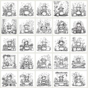 Cute Witchy Cottagecore Coloring Pages 75 PNG files sized 3000x3000px. Includes magical and whimsical designs for coloring, junk journaling, scrapbooking, and cozy crafts. files with commercial use license for digital and print projects.