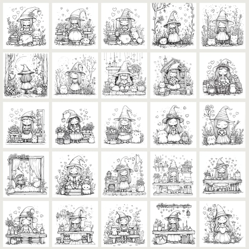Cute Witchy Cottagecore Coloring Pages 75 PNG files sized 3000x3000px. Includes magical and whimsical designs for coloring, junk journaling, scrapbooking, and cozy crafts. files with commercial use license for digital and print projects.