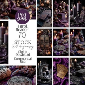 May include: A selection of tarot card images with a mystical theme. The images feature tarot decks, candles, crystals, and other occult items in shades of purple and gold. Text on the image reads "Tarot Reader 70 Stock Photography Digital Download Commercial Use."