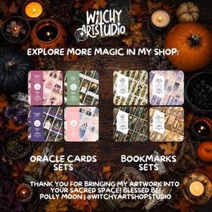 Pu&ograve; includere: Una visualizzazione digitale di set di carte oracolo e set di segnalibri di Witchy Art Studio. L'immagine presenta etichette di testo tra cui EXPLORE MORE MAGIC IN MY SHOP, ORACLE CARDS SETS, BOOKMARKS SETS e THANK YOU FOR BRINGING MY ARTWORK.