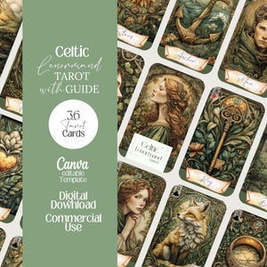 May include: A Celtic Lenormand Tarot deck with a guide, featuring 36 cards. The cards have illustrations of people, animals, and symbols. The deck is a digital download for commercial use, with the text "Celtic Lenormand Tarot with Guide".