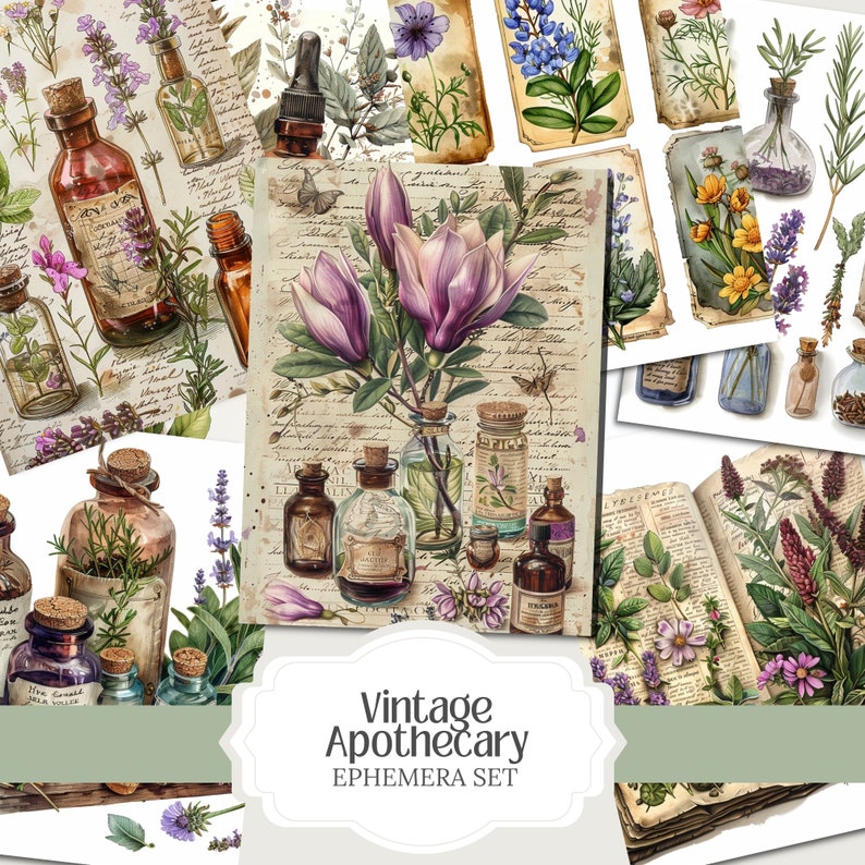 May include: Vintage apothecary ephemera set featuring botanical illustrations, antique bottles, and handwritten script backgrounds. The image showcases a collection of watercolor-style art, including flowers, herbs, and vintage labels. The overall aesthetic is reminiscent of old-world charm.