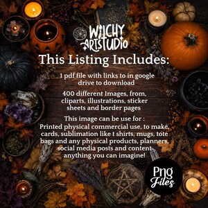 Pu&ograve; includere: Una grafica di inserzione di prodotto digitale con il testo Wilchy Art Studio e This Listing Includes: 1 pdf file with links to in google drive to download, 400 different Images, from, cliparts, illustrations, sticker sheets and border pages.