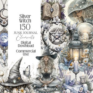 May include: Digital download graphic elements for junk journals. The image features a witchy theme with a woman in a witch hat, a pentagram, candles, butterflies, and the text "Silver Witch 150 Junk Journal Elements Digital Download Commercial Use."