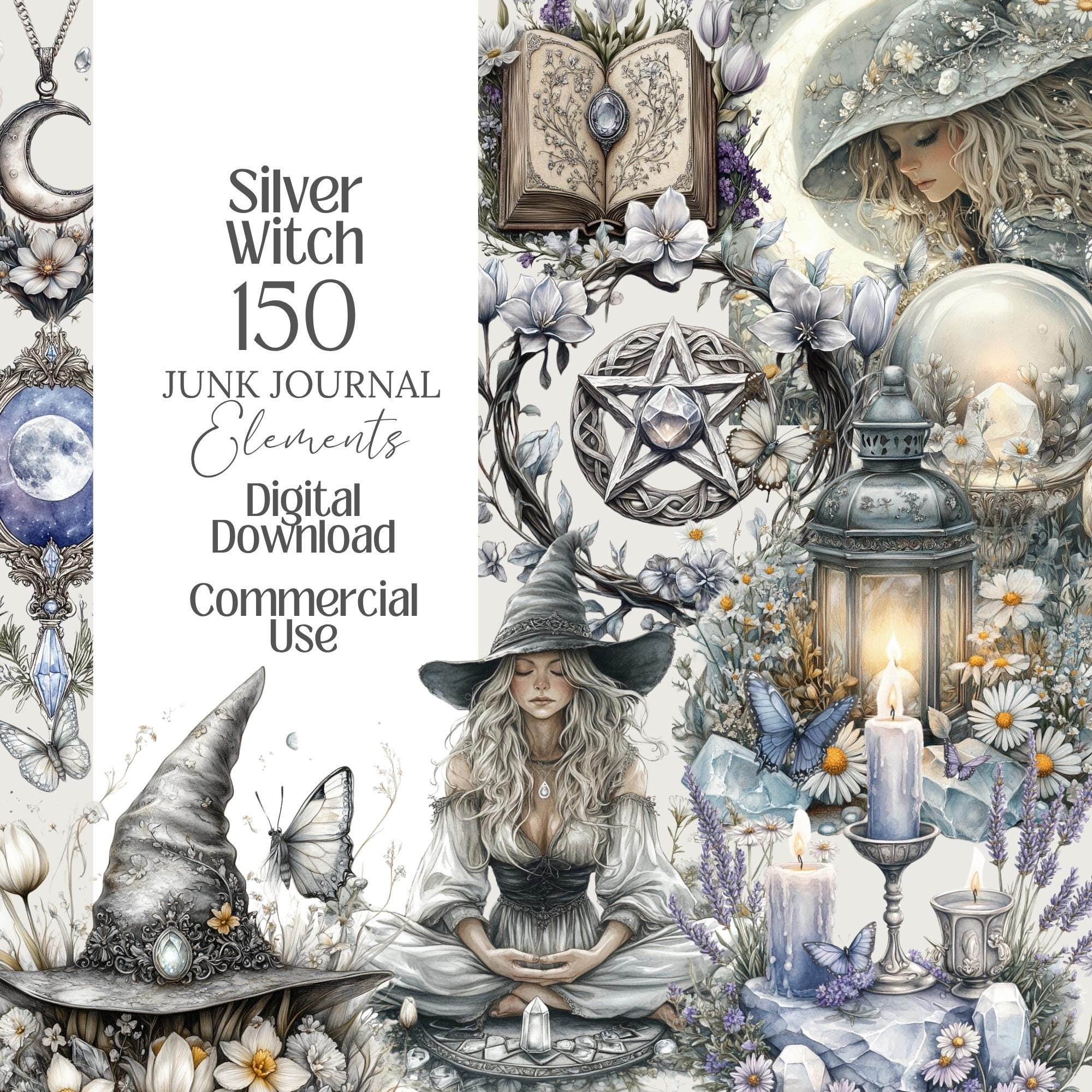 Silver Witch PNG Clipart Moon Magic Wiccan Ephemera Witchy Junk Journal ...