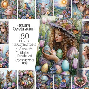 May include: A digital download product featuring 180 cover illustrations and elements with a spring theme. The artwork includes images of women, flowers, butterflies, and Easter eggs. The text on the image reads "Ostara Celebration" and "Digital Download Commercial Use."