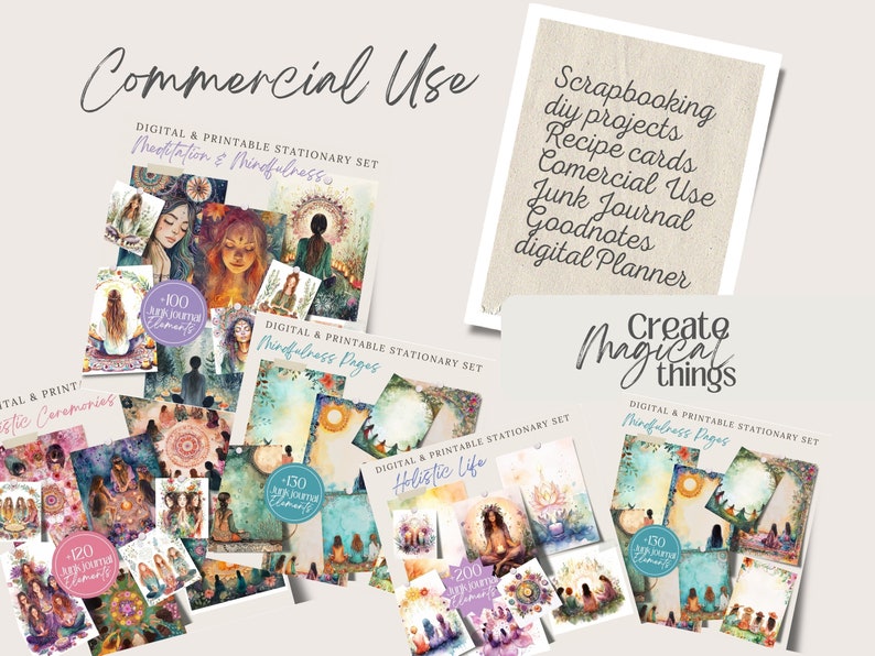 Holistic Promo Bundle Meditation Mindfulness png, Junk Journal Digital Paper, Planner pages, spiritual Stationary, scrapbook, Commercial Use